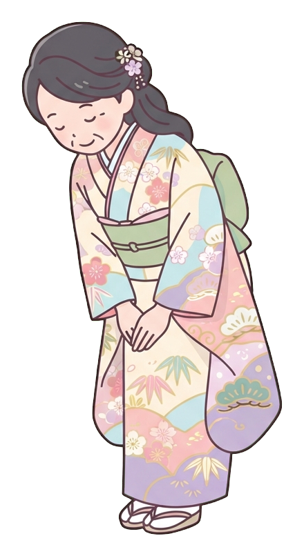 Simple cute flat cartoon illustration with soft pastel colors and thin clean dark outlines of a middle-aged woman, person in festive clothes bowing for a new year greeting, transparent background PNG