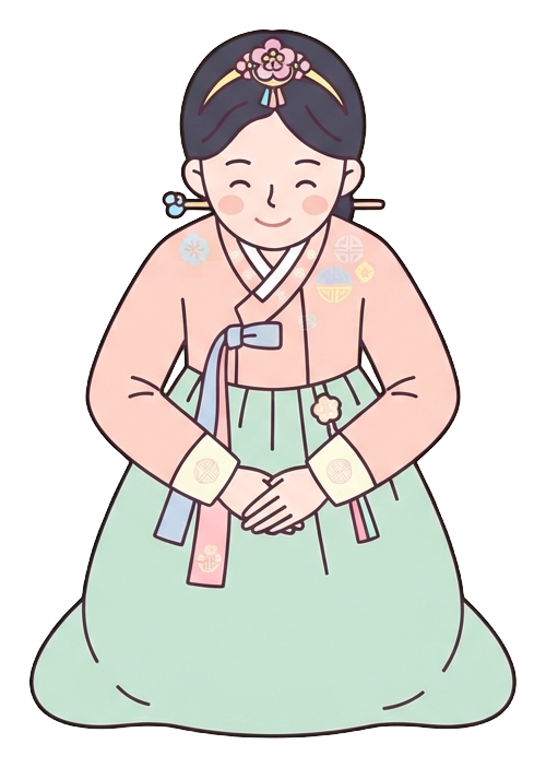 Simple cute flat cartoon illustration with soft pastel colors and thin clean dark outlines of a young woman, person in festive clothes bowing for a new year greeting, transparent background PNG