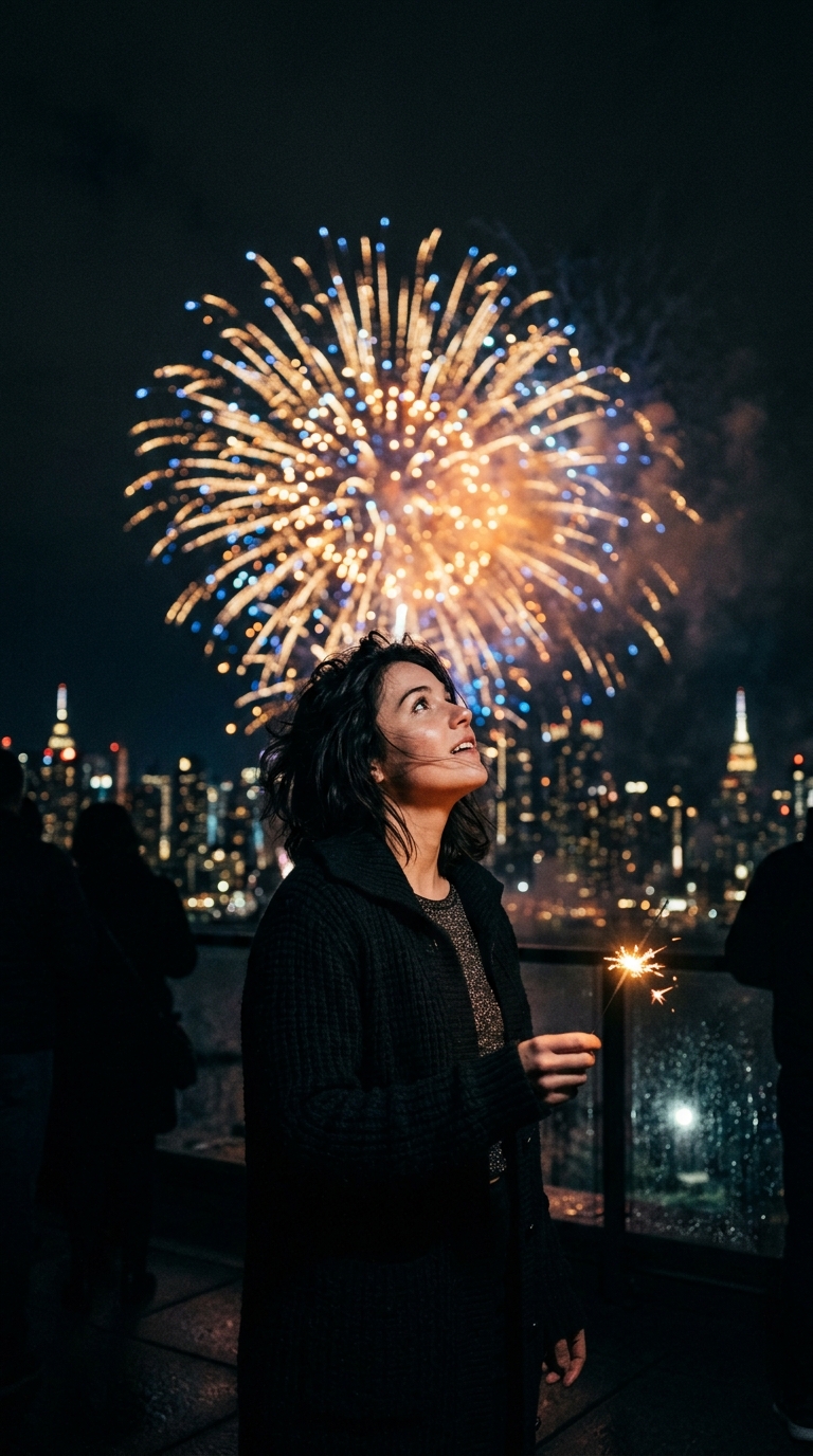 Cinematic film still of new year celebration with fireworks, centered subject with a simple uncluttered composition, moody dark tones, dramatic lighting, 9:16 aspect ratio