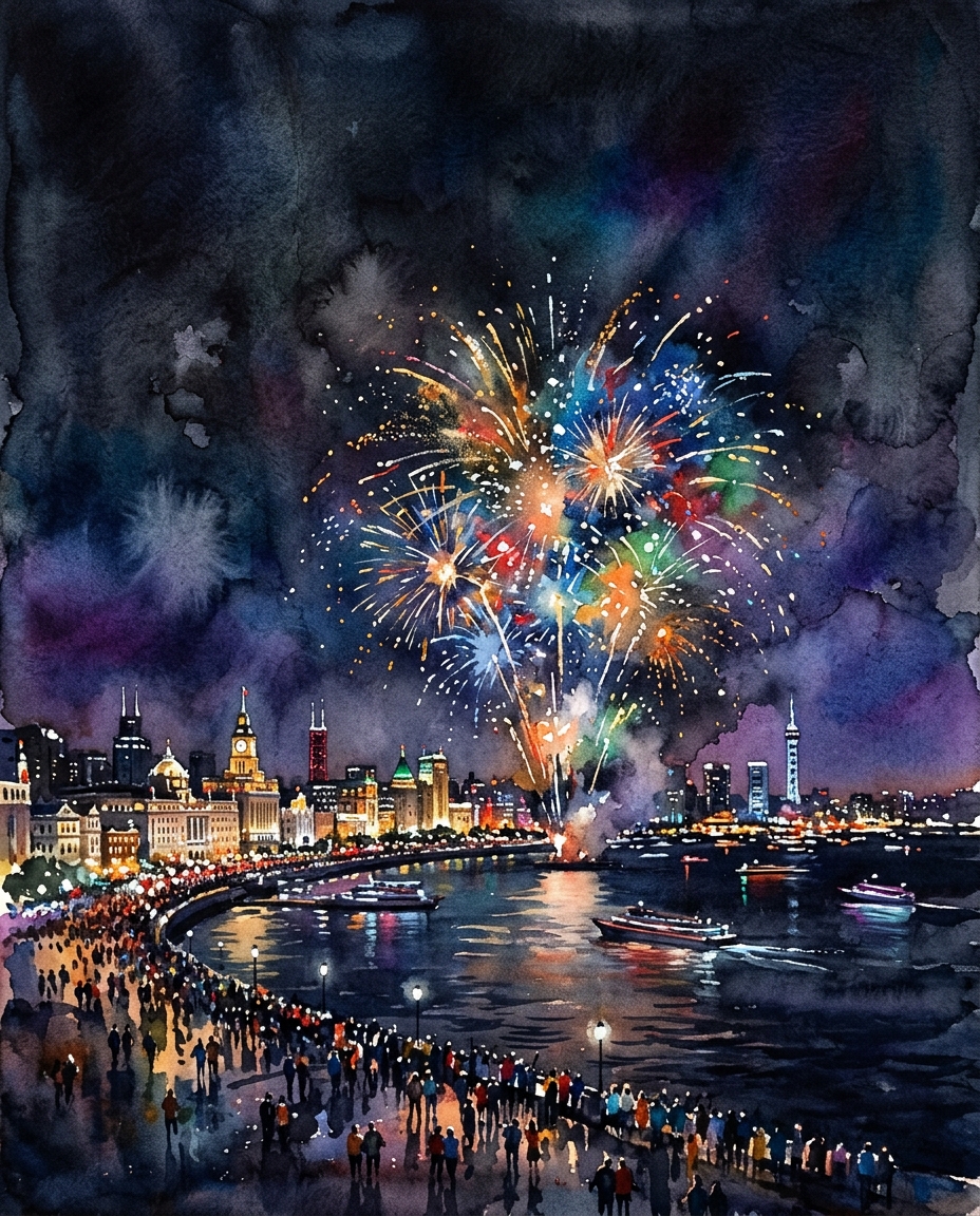 Watercolor illustration of new year celebration with fireworks, wide shot with open space at the top for text, moody dark tones, dramatic lighting, 4:5 aspect ratio