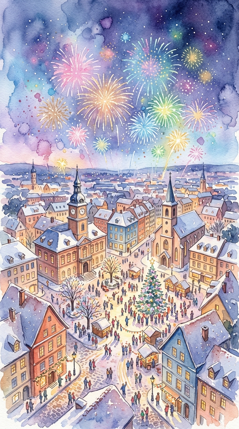 Watercolor illustration of new year celebration with fireworks, high-angle view from above, soft pastel colors, bright and cozy, 9:16 aspect ratio
