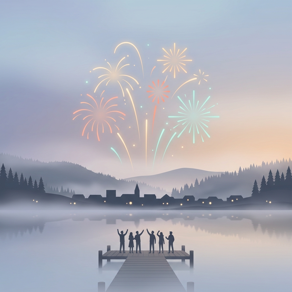 Minimal flat illustration of new year celebration with fireworks, centered subject with a simple uncluttered composition, misty morning haze, dreamy, 1:1 aspect ratio