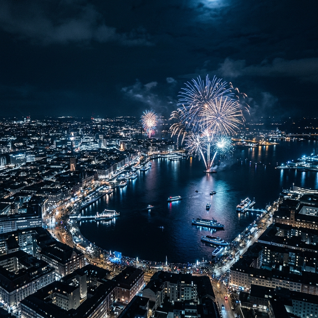 Photorealistic photo of new year celebration with fireworks, high-angle view from above, cool blue tones, quiet atmosphere, 1:1 aspect ratio