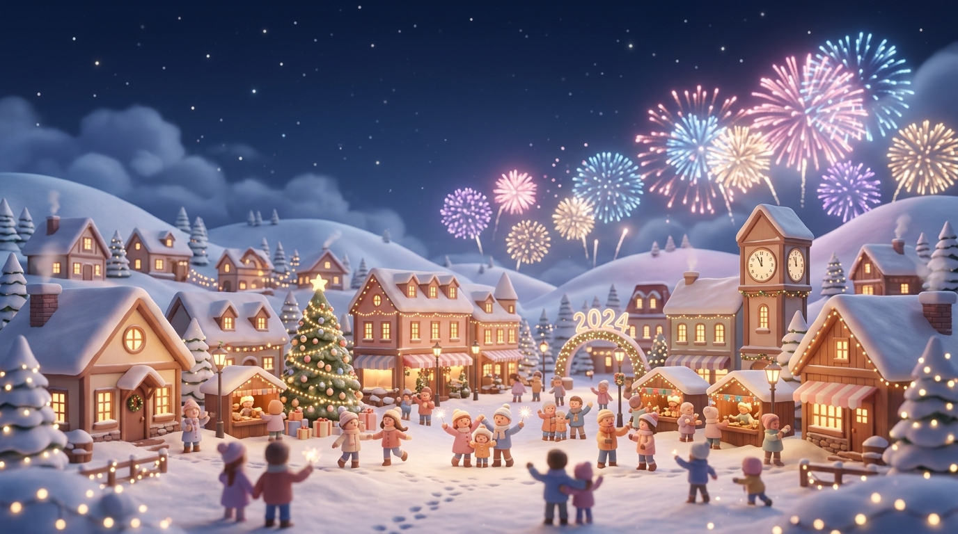 Soft 3d render of new year celebration with fireworks, wide shot with open space at the top for text, soft pastel colors, bright and cozy, 16:9 aspect ratio