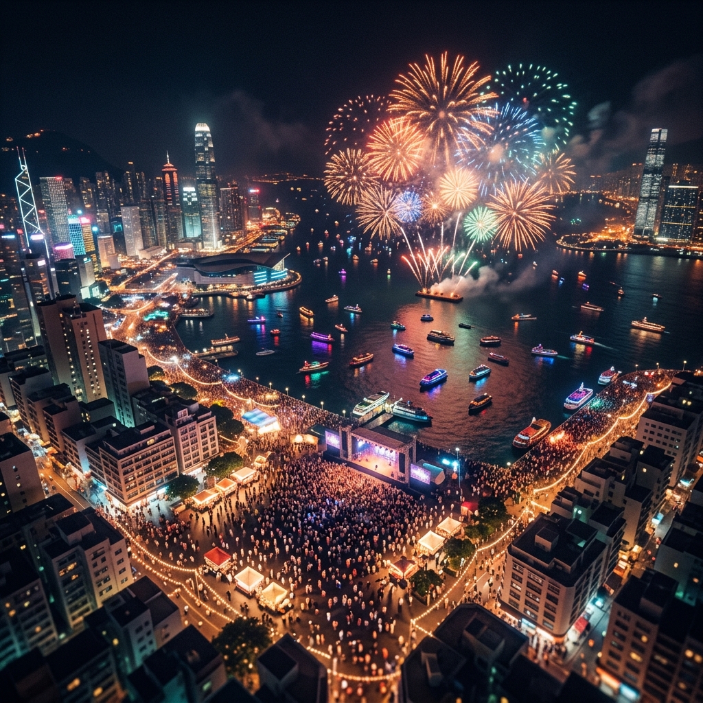 Soft 3d render of new year celebration with fireworks, high-angle view from above, moody dark tones, dramatic lighting, 1:1 aspect ratio