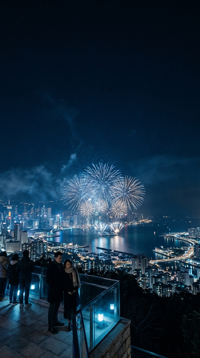 Cinematic film still of new year celebration with fireworks, wide shot with open space at the top for text, cool blue tones, quiet atmosphere, 9:16 aspect ratio