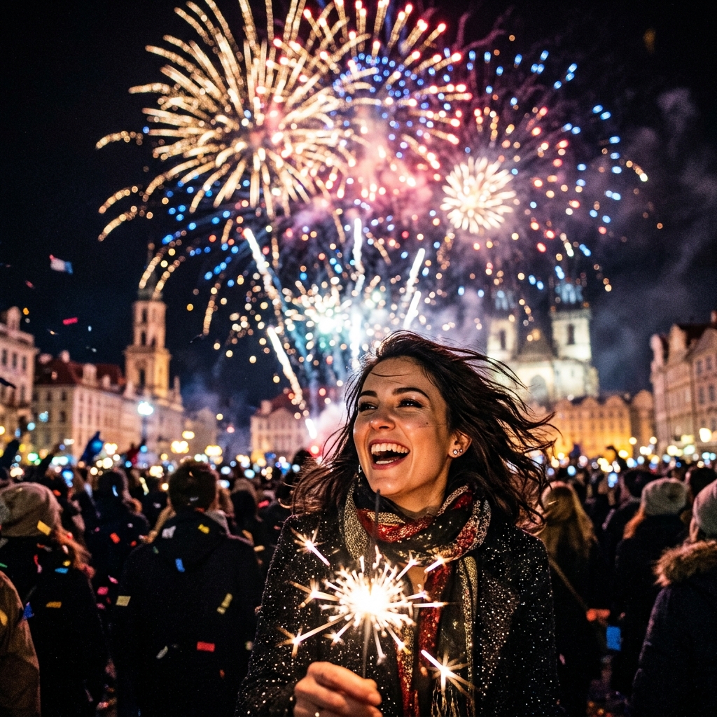 Photorealistic photo of new year celebration with fireworks, close-up detail with shallow depth of field, vivid colors, high contrast, energetic, 1:1 aspect ratio