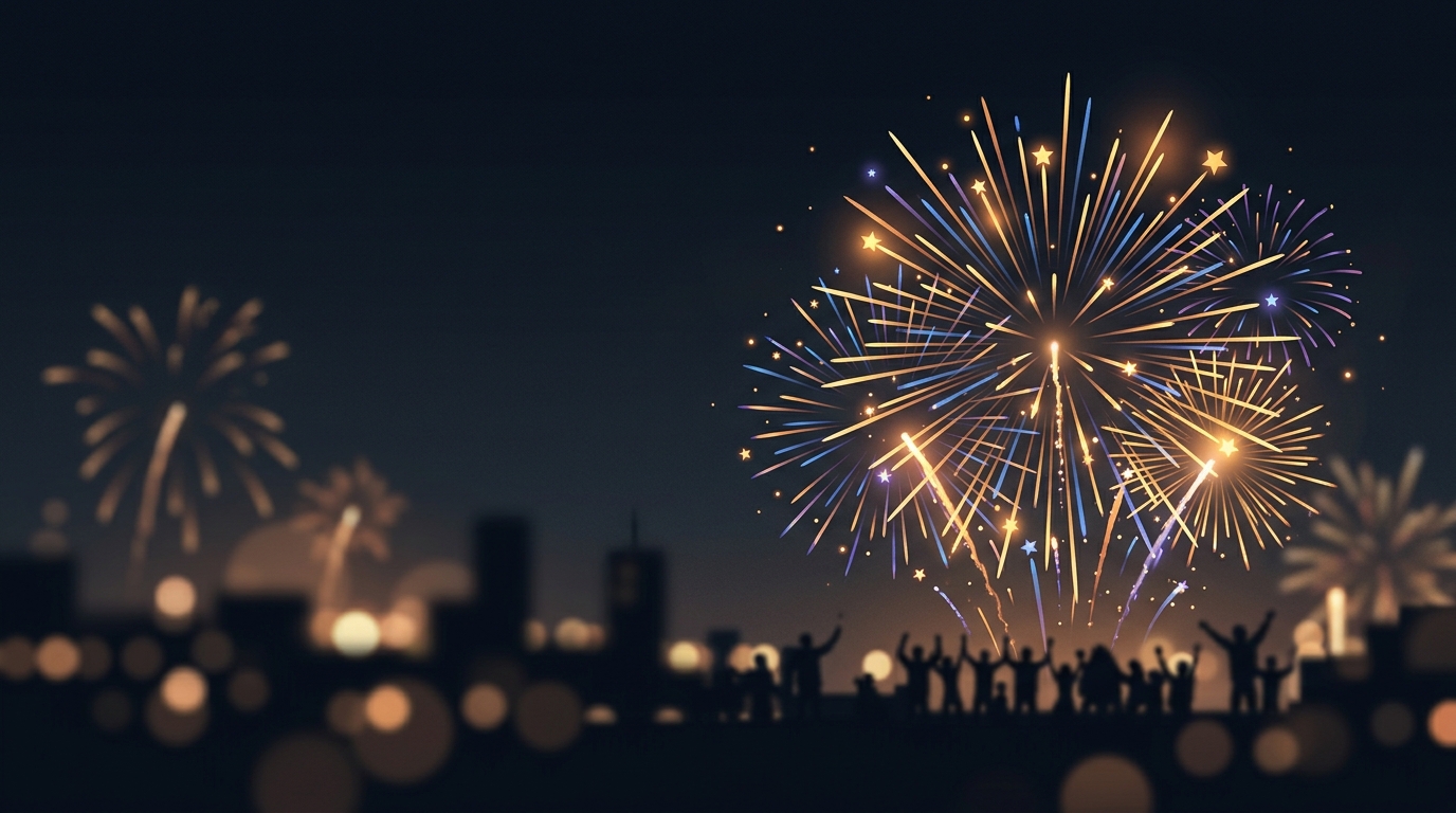 Minimal flat illustration of new year celebration with fireworks, close-up detail with shallow depth of field, moody dark tones, dramatic lighting, 16:9 aspect ratio