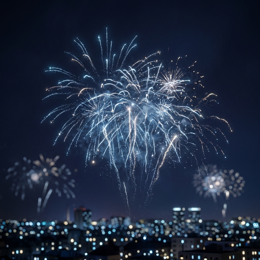 Soft 3d render of new year celebration with fireworks, close-up detail with shallow depth of field, cool blue tones, quiet atmosphere, 1:1 aspect ratio