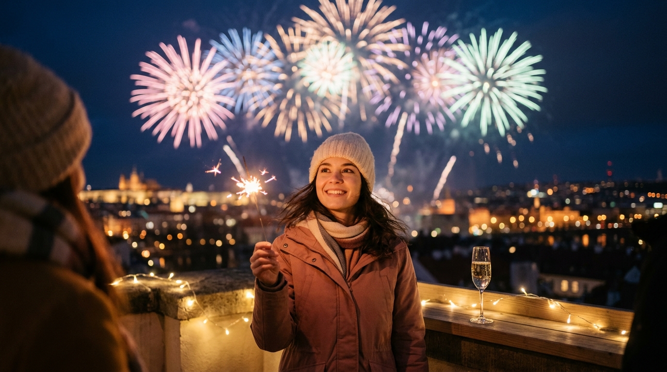 Photorealistic photo of new year celebration with fireworks, centered subject with a simple uncluttered composition, soft pastel colors, bright and cozy, 16:9 aspect ratio