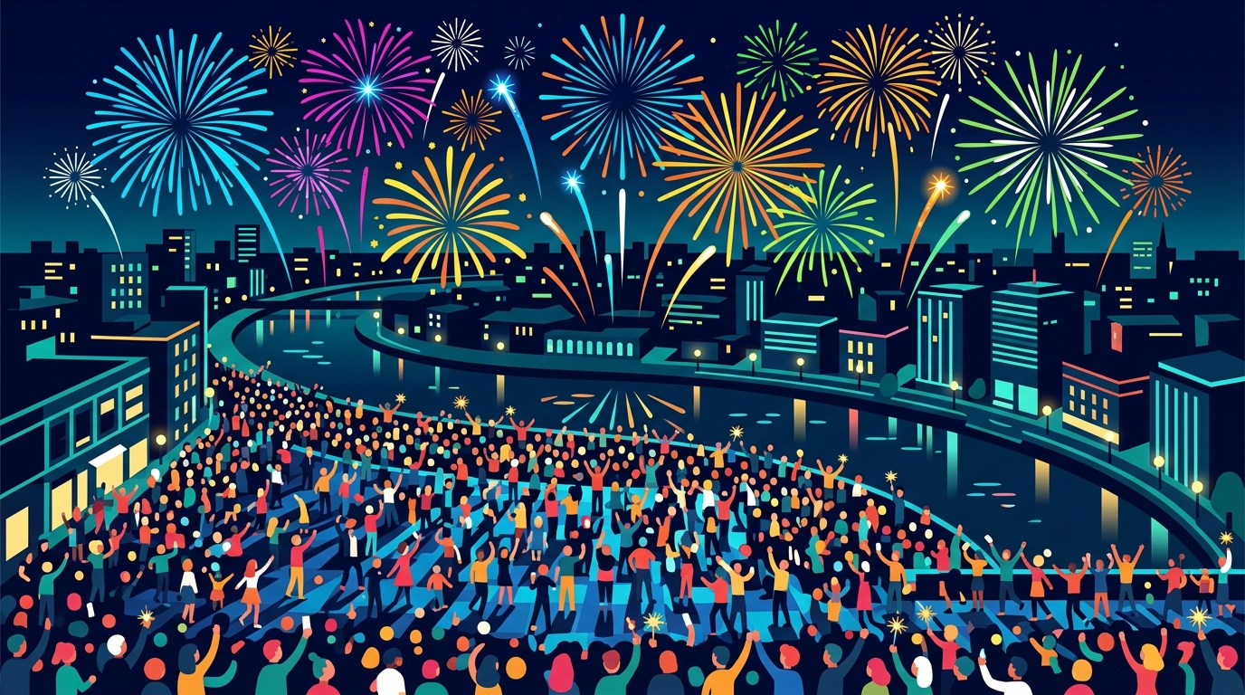 Minimal flat illustration of new year celebration with fireworks, high-angle view from above, vivid colors, high contrast, energetic, 16:9 aspect ratio