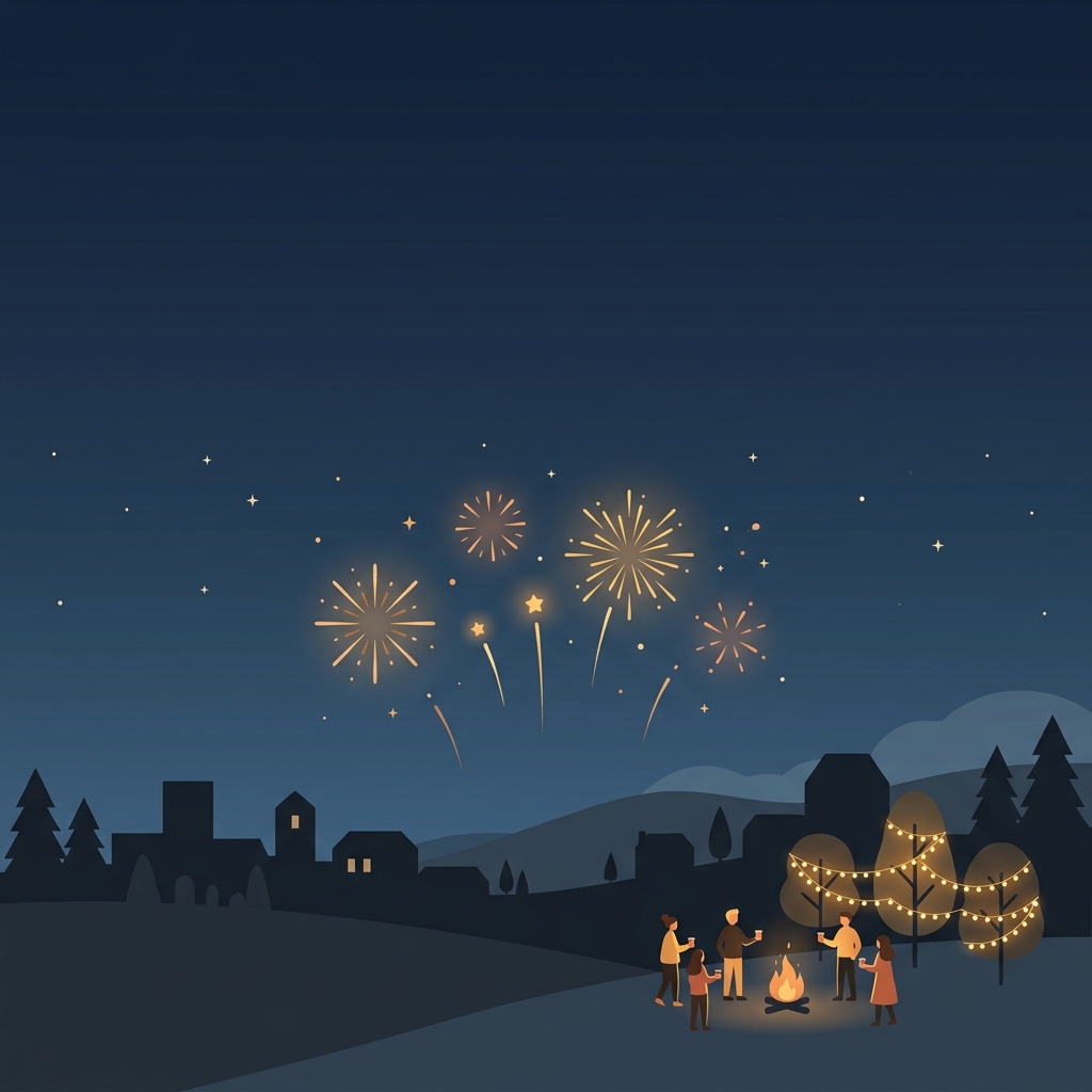 Minimal flat illustration of new year celebration with fireworks, wide shot with open space at the top for text, warm golden light, calm mood, 1:1 aspect ratio