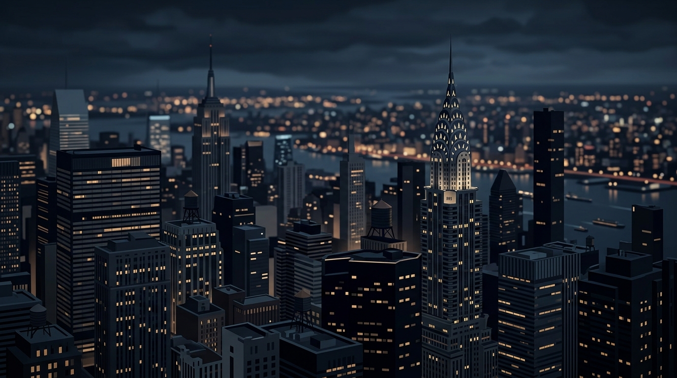 Minimal flat illustration of the New York City skyline, close-up detail with shallow depth of field, moody dark tones, dramatic lighting, 16:9 aspect ratio