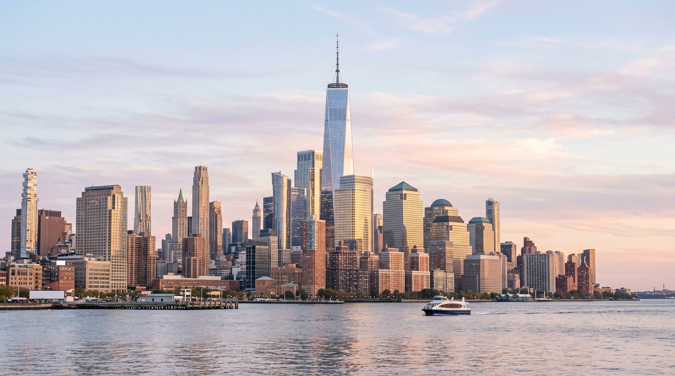 Photorealistic photo of the New York City skyline, centered subject with a simple uncluttered composition, soft pastel colors, bright and cozy, 16:9 aspect ratio