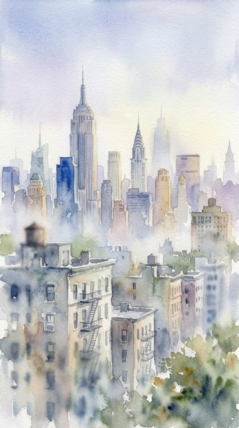 Watercolor illustration of the New York City skyline, close-up detail with shallow depth of field, misty morning haze, dreamy, 9:16 aspect ratio