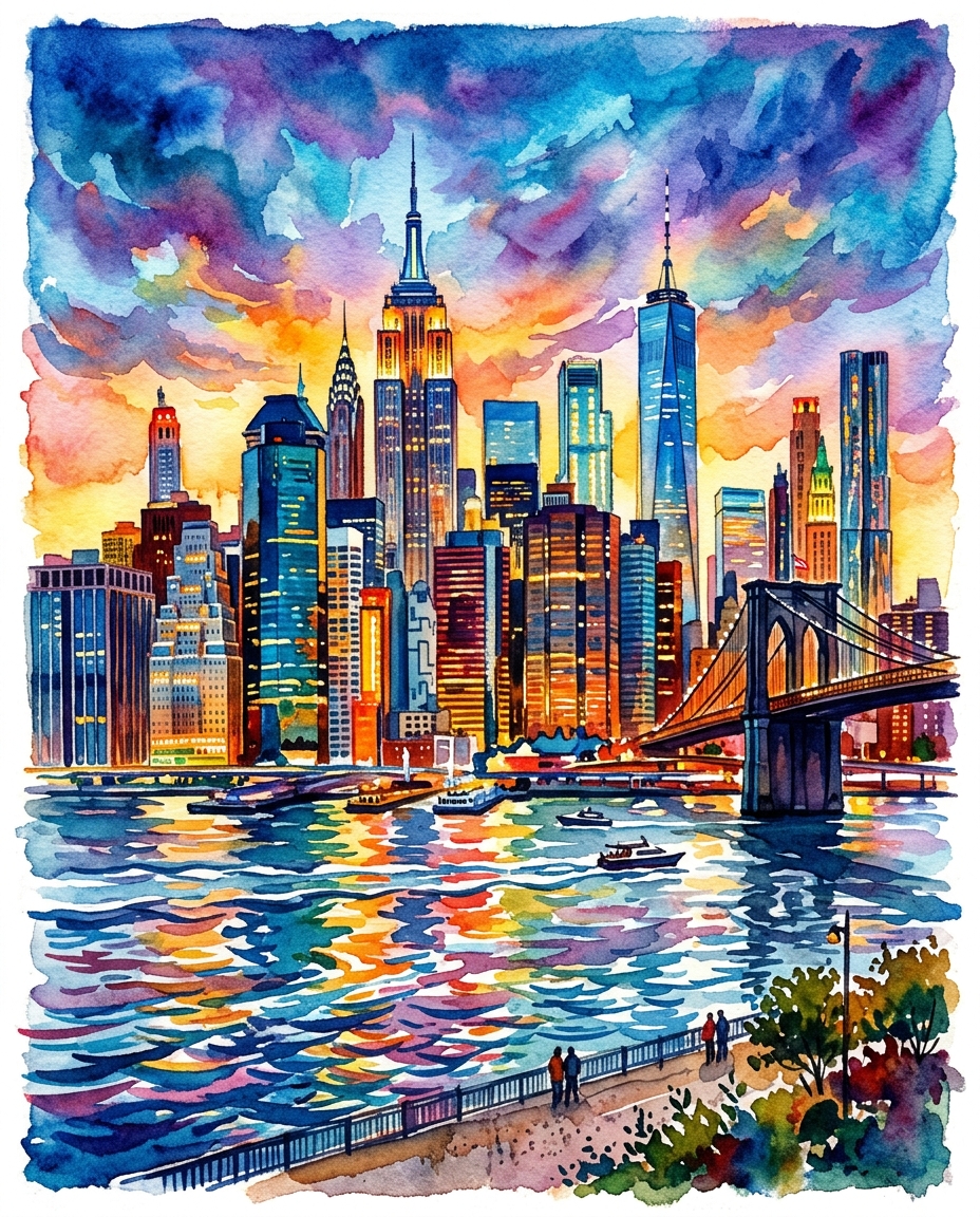 Watercolor illustration of the New York City skyline, centered subject with a simple uncluttered composition, vivid colors, high contrast, energetic, 4:5 aspect ratio