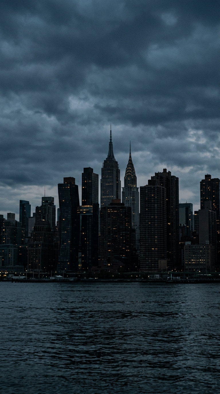 Cinematic film still of the New York City skyline, centered subject with a simple uncluttered composition, moody dark tones, dramatic lighting, 9:16 aspect ratio