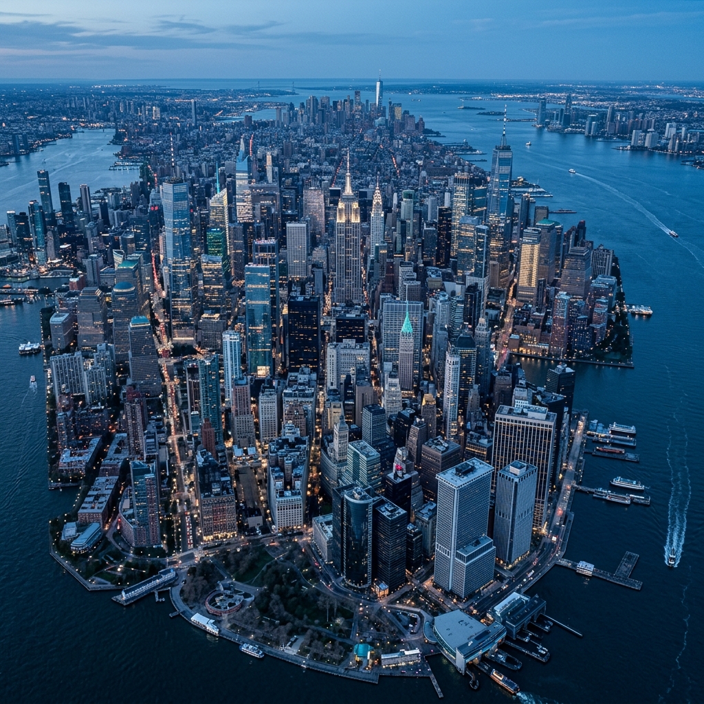 Photorealistic photo of the New York City skyline, high-angle view from above, cool blue tones, quiet atmosphere, 1:1 aspect ratio