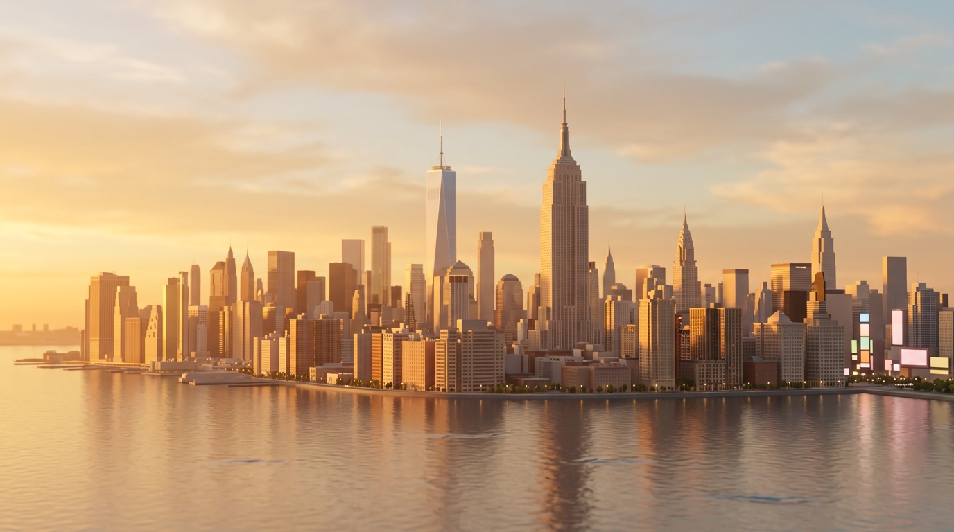 Soft 3d render of the New York City skyline, centered subject with a simple uncluttered composition, warm golden light, calm mood, 16:9 aspect ratio