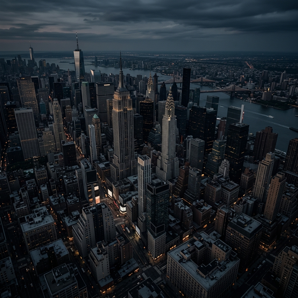 Soft 3d render of the New York City skyline, high-angle view from above, moody dark tones, dramatic lighting, 1:1 aspect ratio