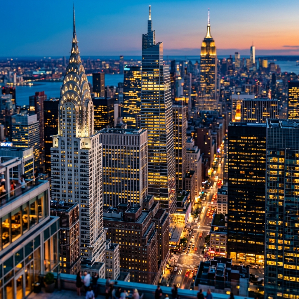 Photorealistic photo of the New York City skyline, close-up detail with shallow depth of field, vivid colors, high contrast, energetic, 1:1 aspect ratio