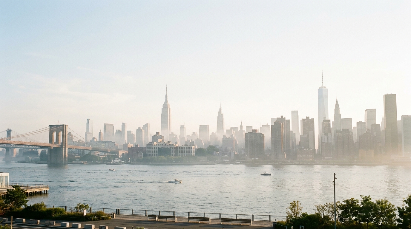 Photorealistic photo of the New York City skyline, wide shot with open space at the top for text, misty morning haze, dreamy, 16:9 aspect ratio