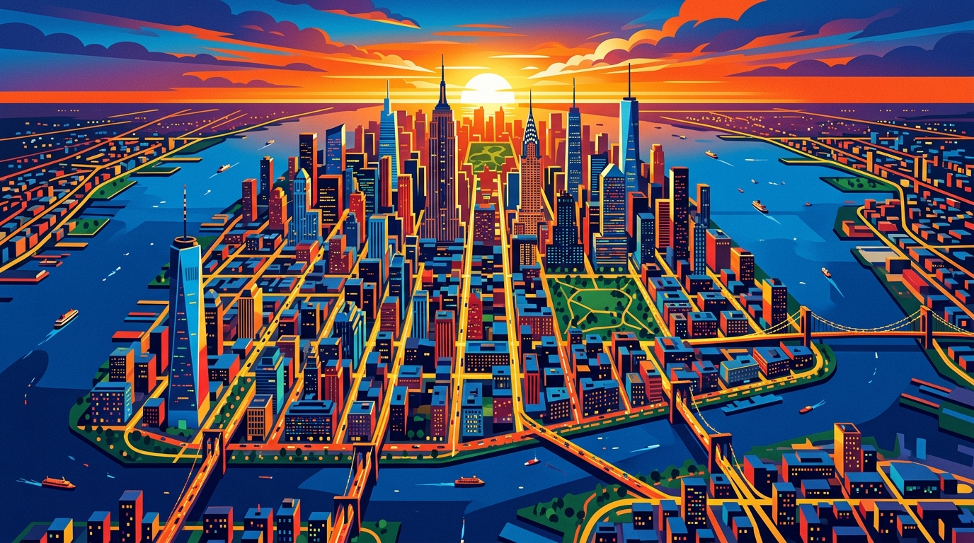 Minimal flat illustration of the New York City skyline, high-angle view from above, vivid colors, high contrast, energetic, 16:9 aspect ratio