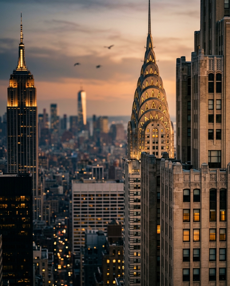Cinematic film still of the New York City skyline, close-up detail with shallow depth of field, warm golden light, calm mood, 4:5 aspect ratio