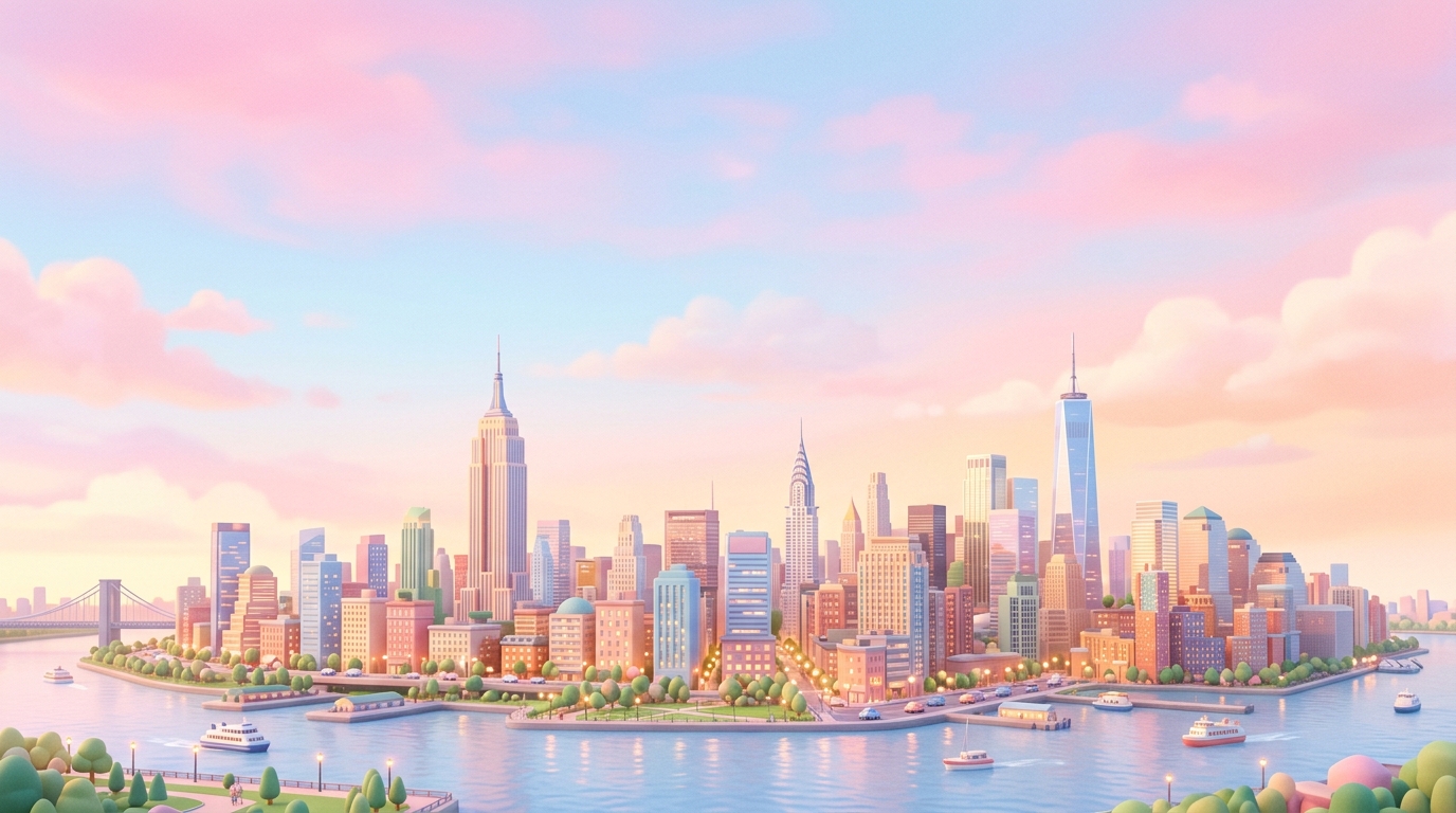 Soft 3d render of the New York City skyline, wide shot with open space at the top for text, soft pastel colors, bright and cozy, 16:9 aspect ratio