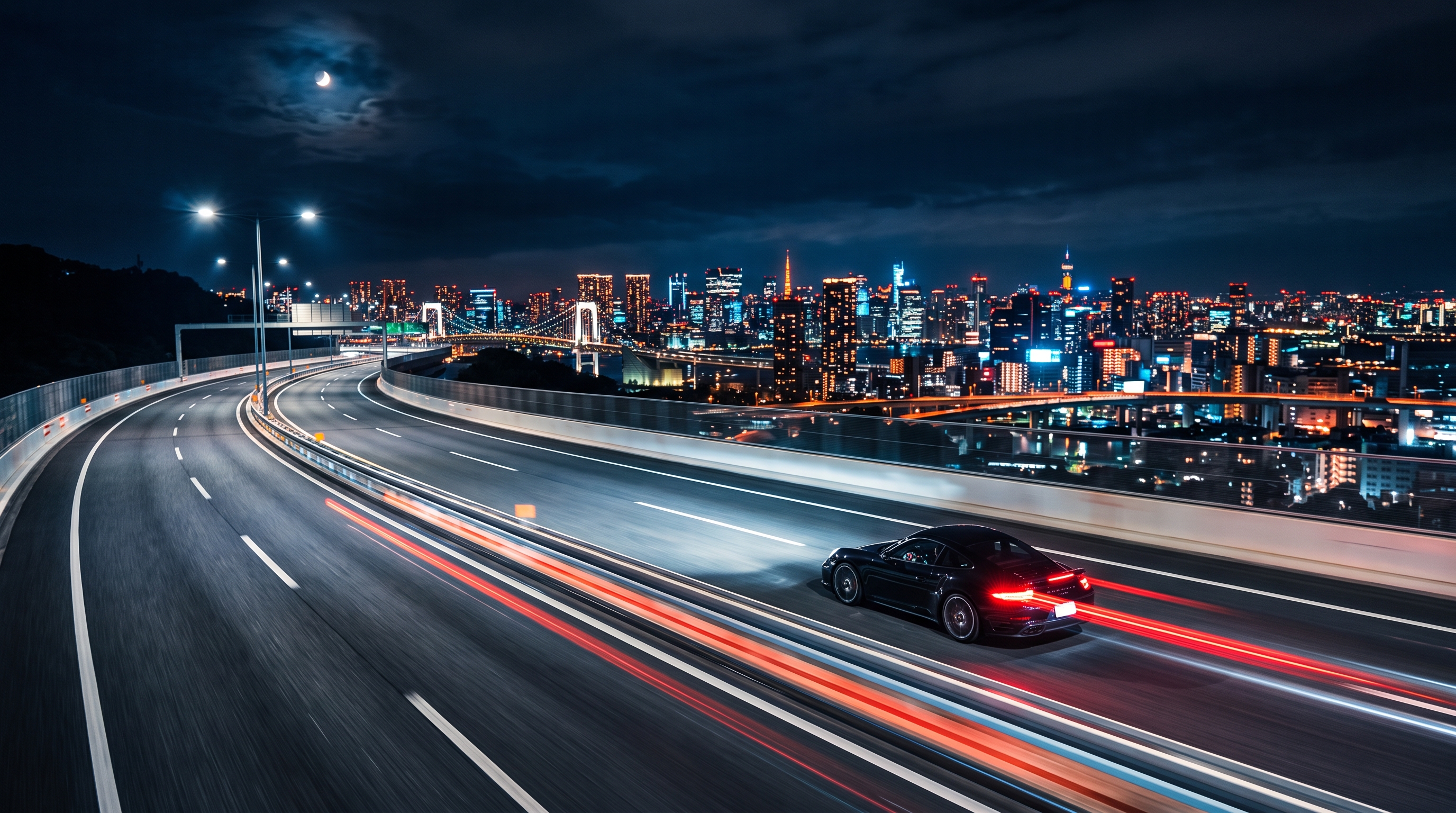 Photorealistic photo of car driving on an empty highway at night with city lights, wide shot with open space at the top for text, vivid colors, high contrast, energetic, 16:9 aspect ratio