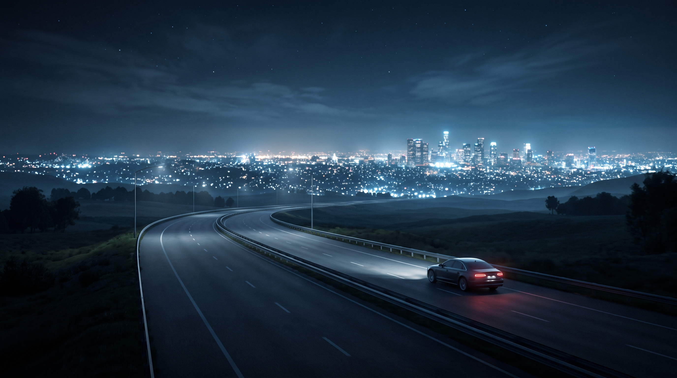 Soft 3d render of car driving on an empty highway at night with city lights, wide shot with open space at the top for text, cool blue tones, quiet atmosphere, 16:9 aspect ratio