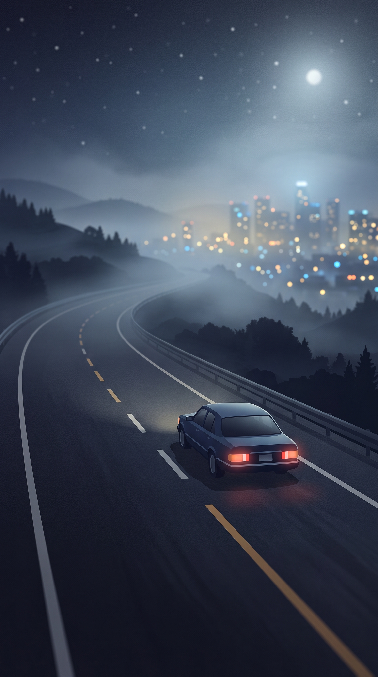 Minimal flat illustration of car driving on an empty highway at night with city lights, close-up detail with shallow depth of field, misty morning haze, dreamy, 9:16 aspect ratio