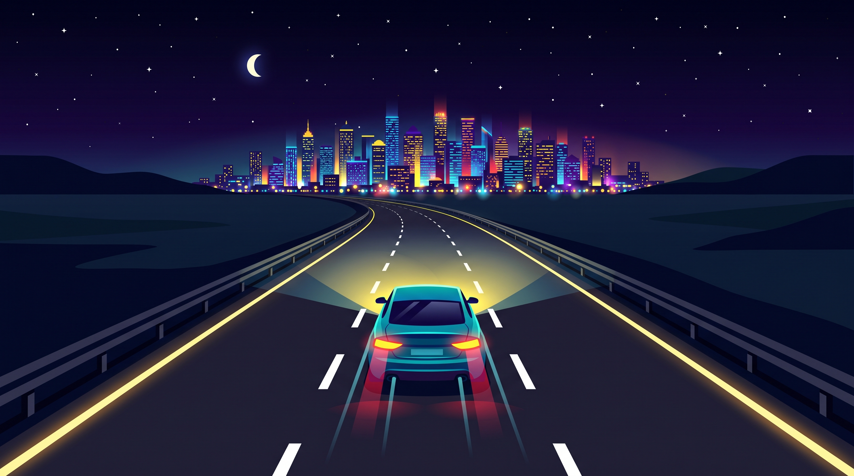 Minimal flat illustration of car driving on an empty highway at night with city lights, centered subject with a simple uncluttered composition, vivid colors, high contrast, energetic, 16:9 aspect ratio