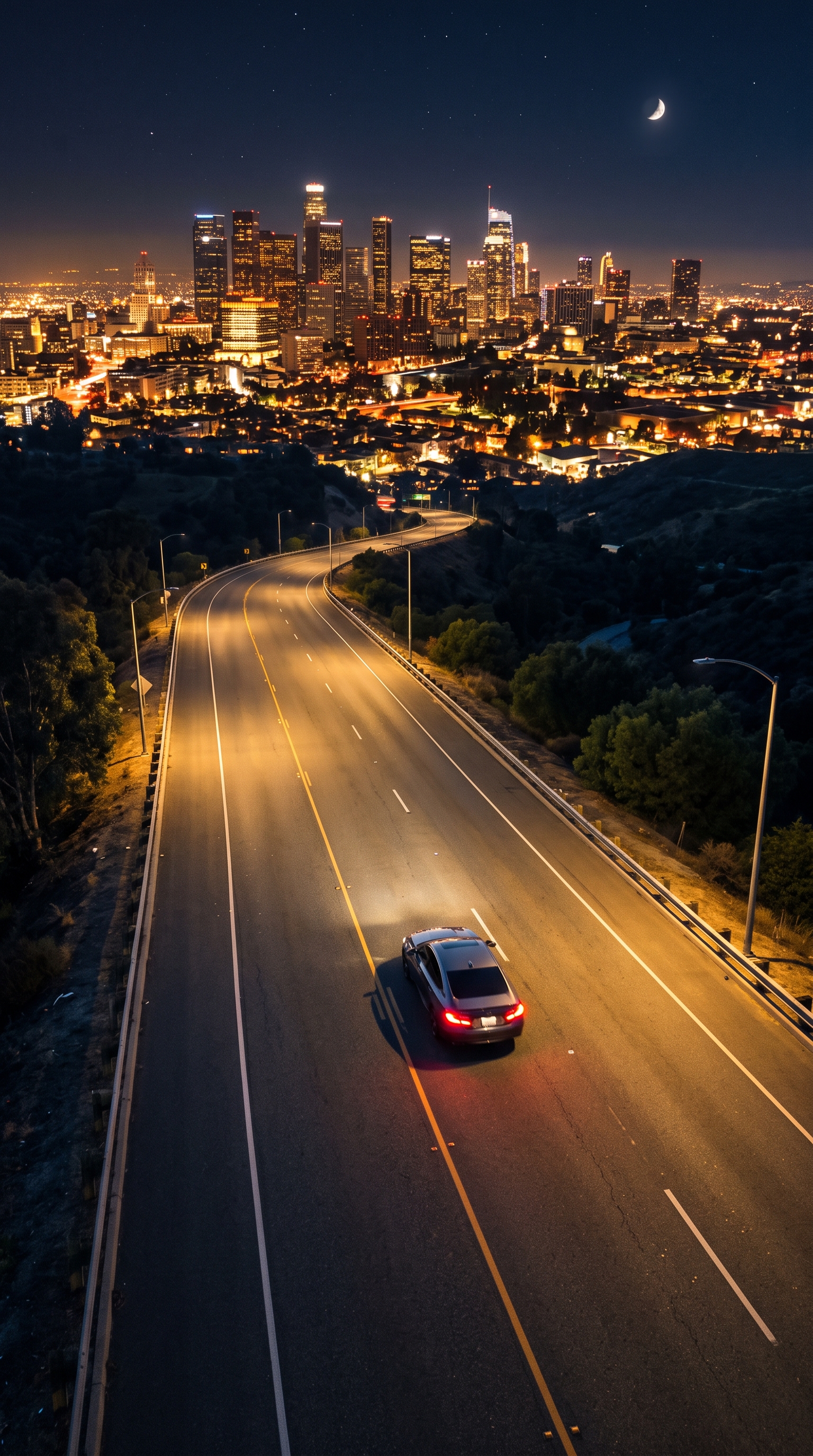 Photorealistic photo of car driving on an empty highway at night with city lights, high-angle view from above, warm golden light, calm mood, 9:16 aspect ratio
