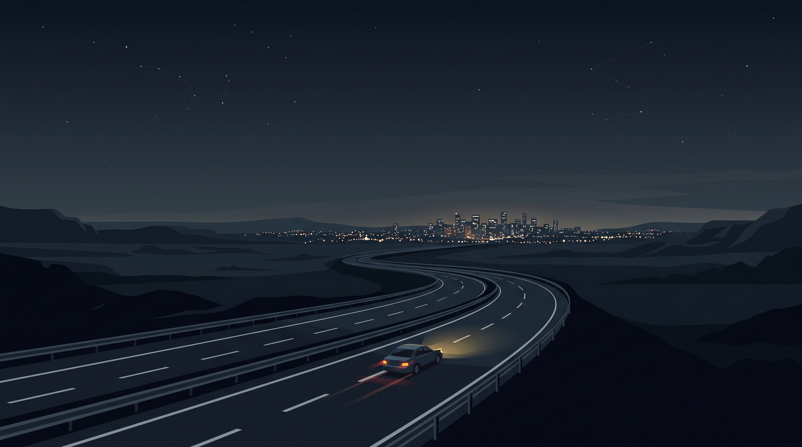 Minimal flat illustration of car driving on an empty highway at night with city lights, wide shot with open space at the top for text, moody dark tones, dramatic lighting, 16:9 aspect ratio