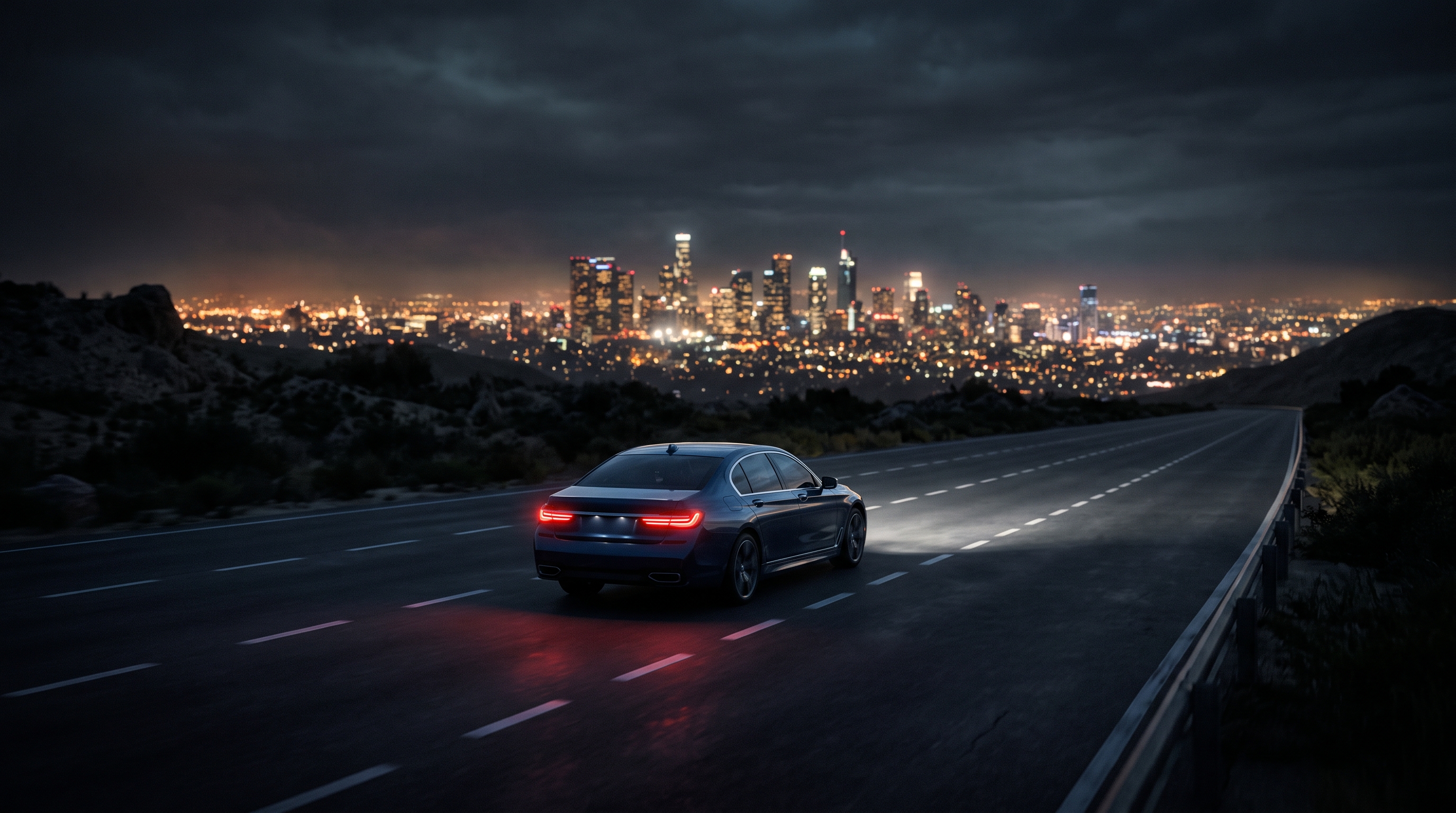Soft 3d render of car driving on an empty highway at night with city lights, centered subject with a simple uncluttered composition, moody dark tones, dramatic lighting, 16:9 aspect ratio