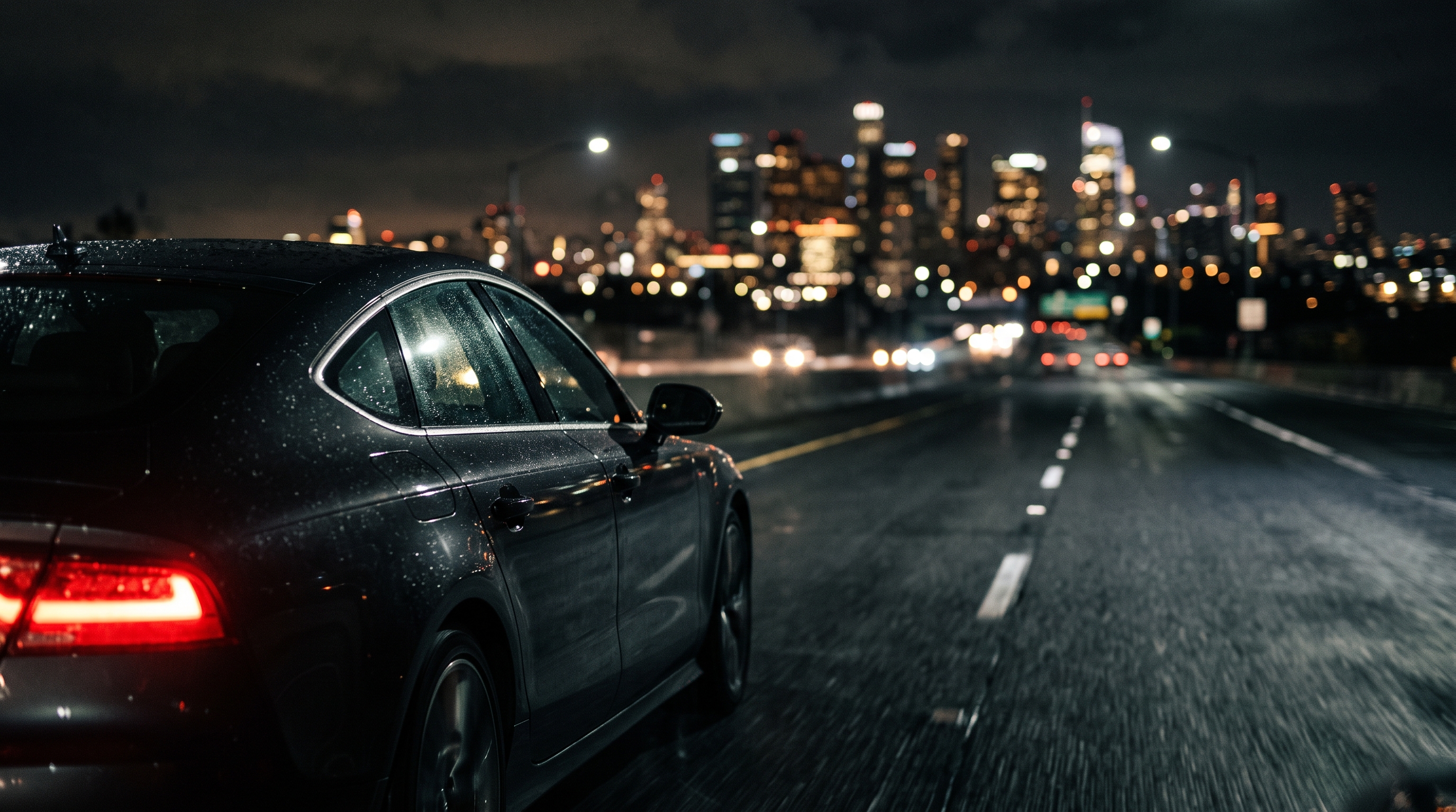 Cinematic film still of car driving on an empty highway at night with city lights, close-up detail with shallow depth of field, moody dark tones, dramatic lighting, 16:9 aspect ratio