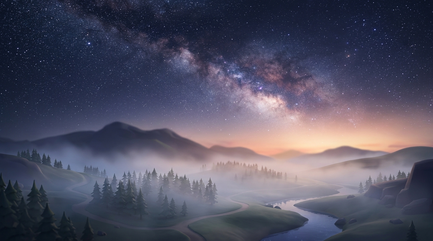 Soft 3d render of starry night sky, wide shot with open space at the top for text, misty morning haze, dreamy, 16:9 aspect ratio