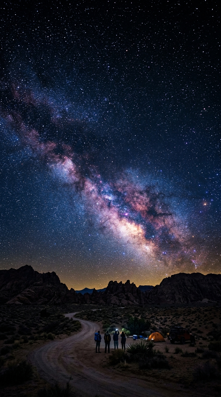 Cinematic film still of starry night sky, wide shot with open space at the top for text, vivid colors, high contrast, energetic, 9:16 aspect ratio
