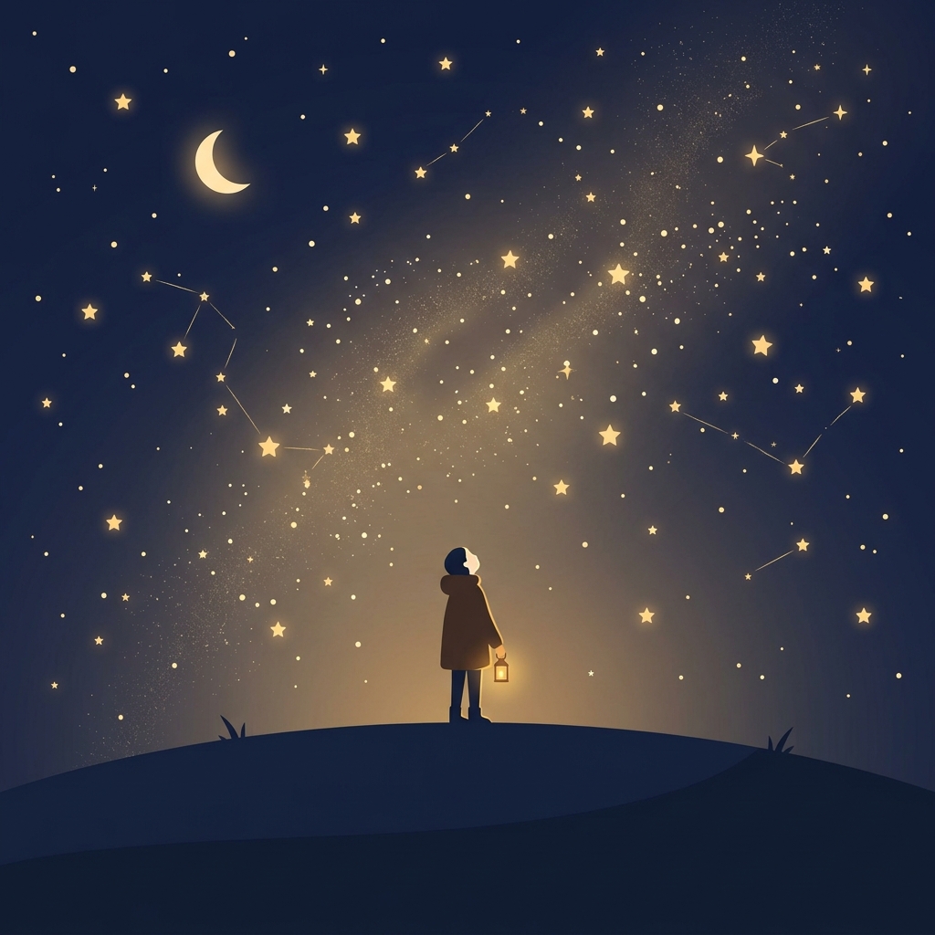 Minimal flat illustration of starry night sky, centered subject with a simple uncluttered composition, warm golden light, calm mood, 1:1 aspect ratio
