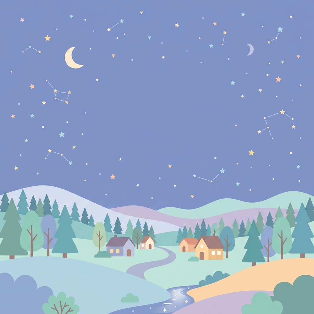 Minimal flat illustration of starry night sky, wide shot with open space at the top for text, soft pastel colors, bright and cozy, 1:1 aspect ratio