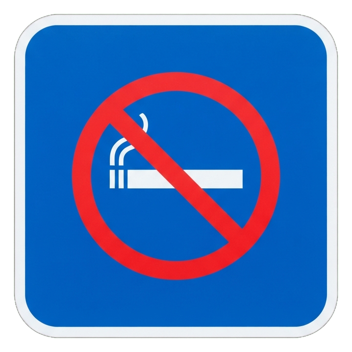 Pictogram sign, white figure on a solid blue rounded square of a no smoking pictogram with a cigarette inside a red prohibition circle with a slash, transparent background PNG