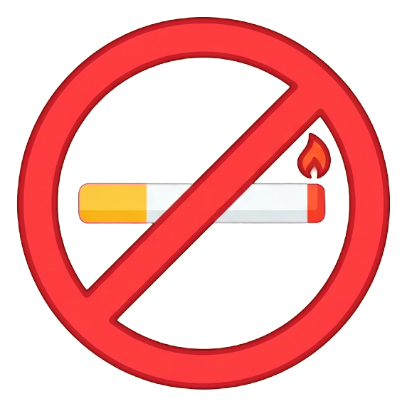 Flat color pictogram, friendly bright colors of a no smoking pictogram with a cigarette inside a red prohibition circle with a slash, transparent background PNG