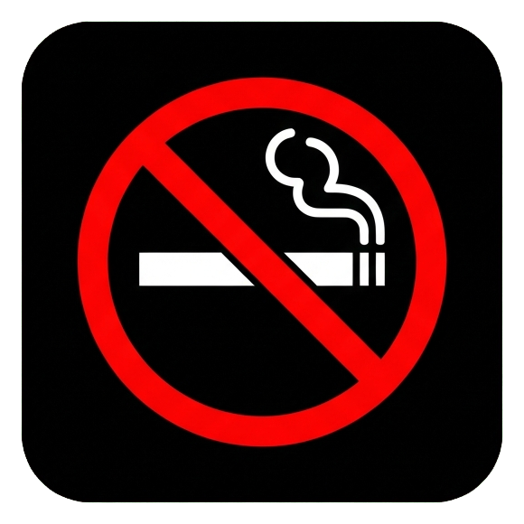 Pictogram sign, white figure on a solid black rounded square of a no smoking pictogram with a cigarette inside a red prohibition circle with a slash, transparent background PNG