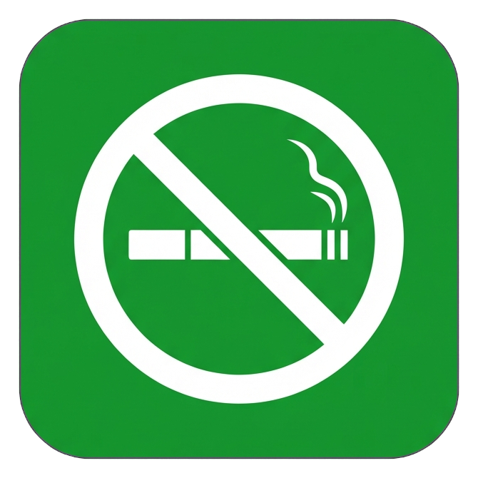 Pictogram sign, white figure on a solid green rounded square of a no smoking pictogram with a cigarette inside a red prohibition circle with a slash, transparent background PNG