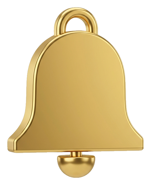 Shiny 3D render, gold metallic finish of a notification bell icon, transparent background PNG