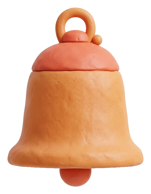 알림 종 아이콘, 점토 3D, 따뜻한 주황 톤, 투명 배경(누끼) PNG