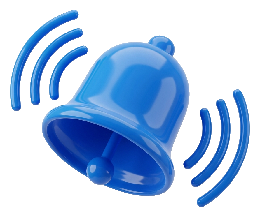 Glossy blue 3D render, ringing of a notification bell icon, transparent background PNG