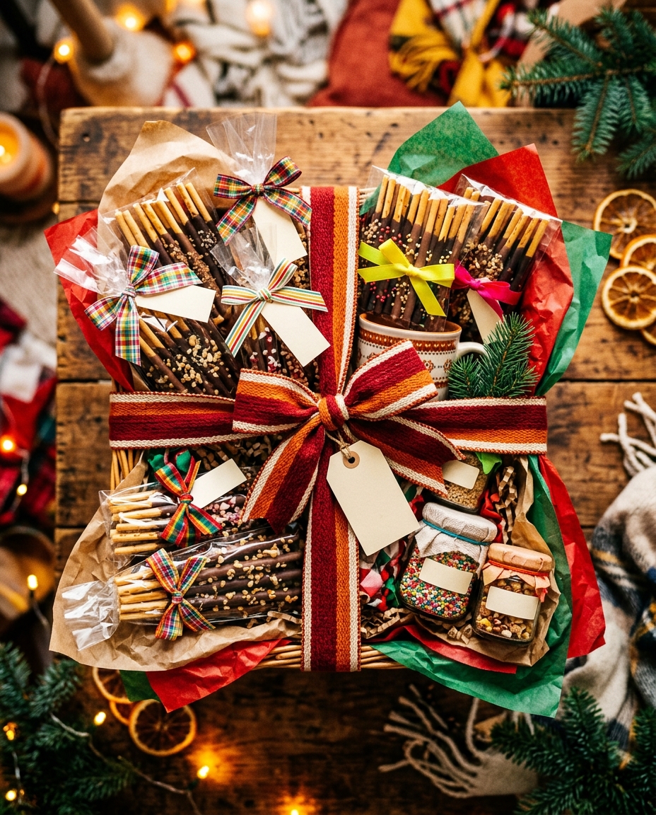 Cinematic film still of a cozy gift set with stick cookies and a ribbon, high-angle view from above, vivid colors, high contrast, energetic, 4:5 aspect ratio