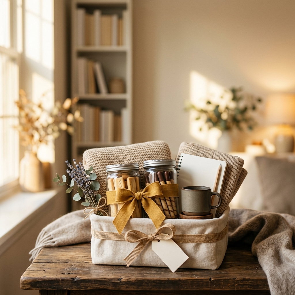 Photorealistic photo of a cozy gift set with stick cookies and a ribbon, wide shot with open space at the top for text, warm golden light, calm mood, 1:1 aspect ratio